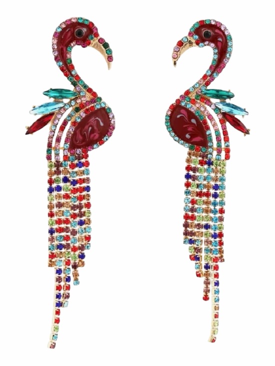 Celebrate Together Jewelry - Multicolored Tropical Dangle Tassel Drop Flamingo Bird Rhinestone Earrings